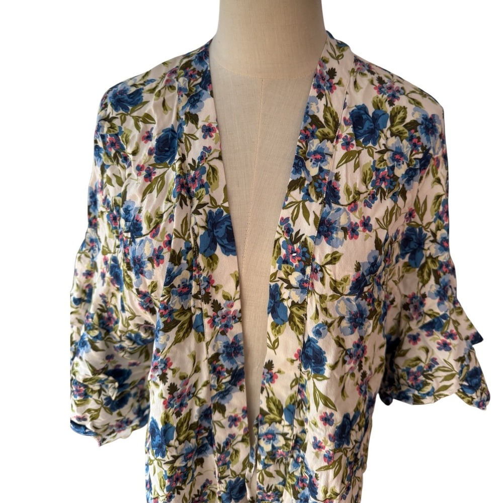 Zara Woman Floral Kimono Cardigan White Blue Ruffle Sleeve XS NEW Boho festival